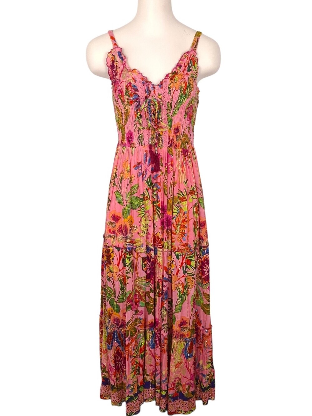 Anthropologie Me 2 Magic smocked maxi dress tropical floral boho metallic pink